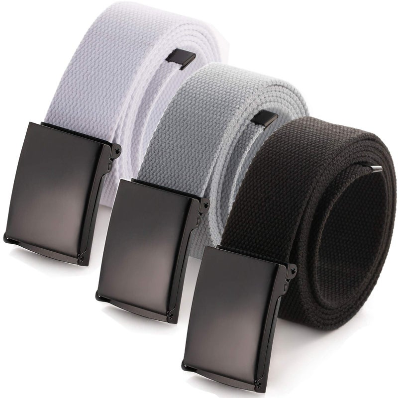Mile High Life Cut To Fit Canvas Web Belt Size Up to 52" with Flip-Top Solid Black Military Buckle (3 Pack Black/Natural/Gray) - Image 1